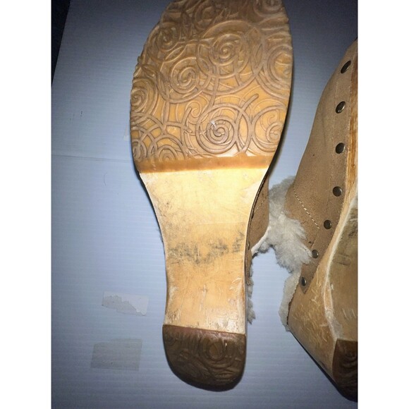 UGG Australia Women's Kalie Brown Suede Shoes US 8 Shearling Wooden Clogs Mules - Picture 10 of 12